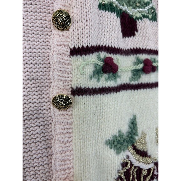Vintage Bechamel Christmas Hand Knit Cardigan Sweater Embroidered Pink Tree - Picture 2 of 13